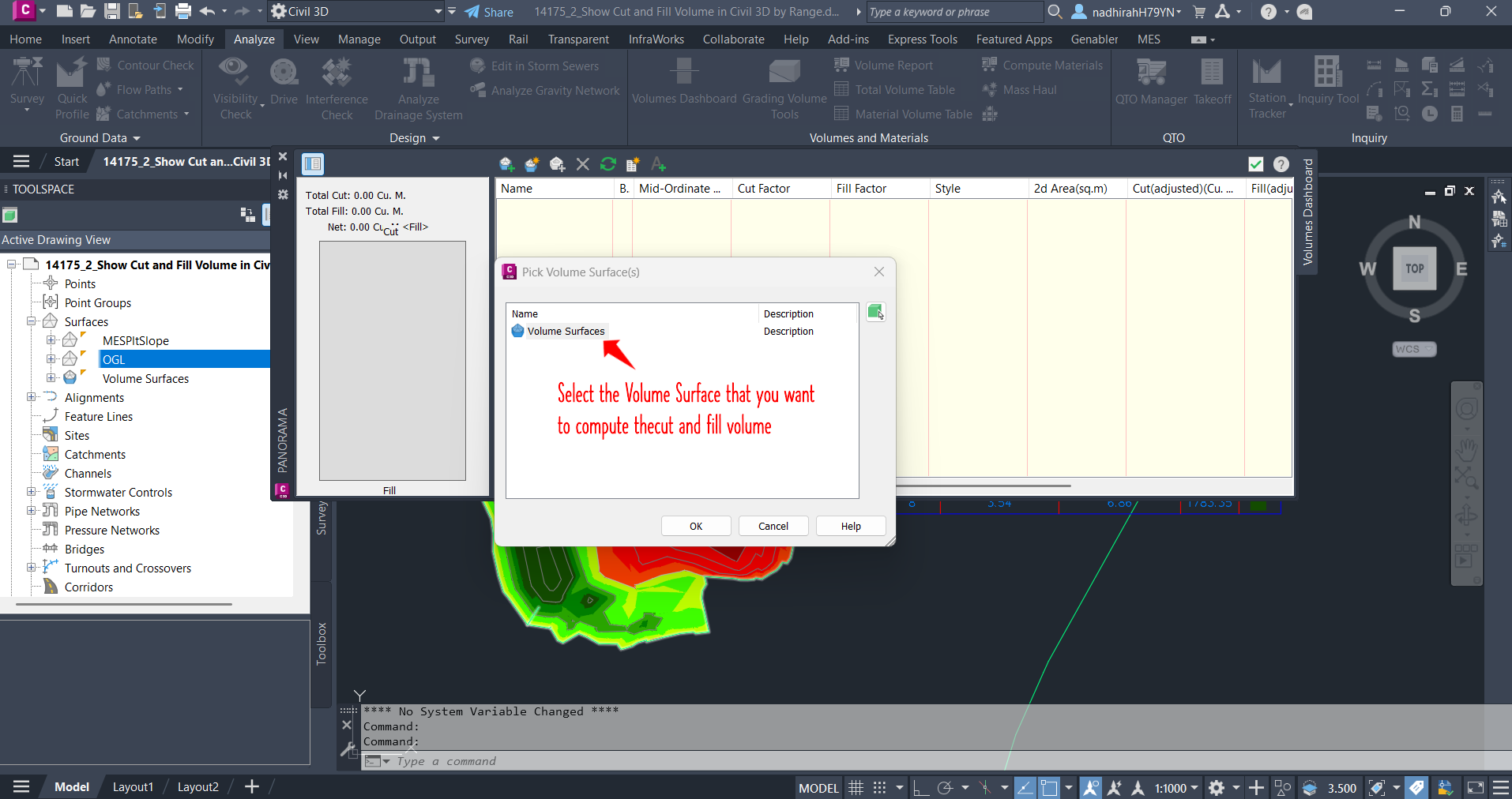 Select the Volume Surfaces to Compute Cut and Fill Volume